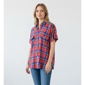 R13 Plaid Zipper Flannel Shoulder Shirt Womens Small Red Blue Check Button Italy